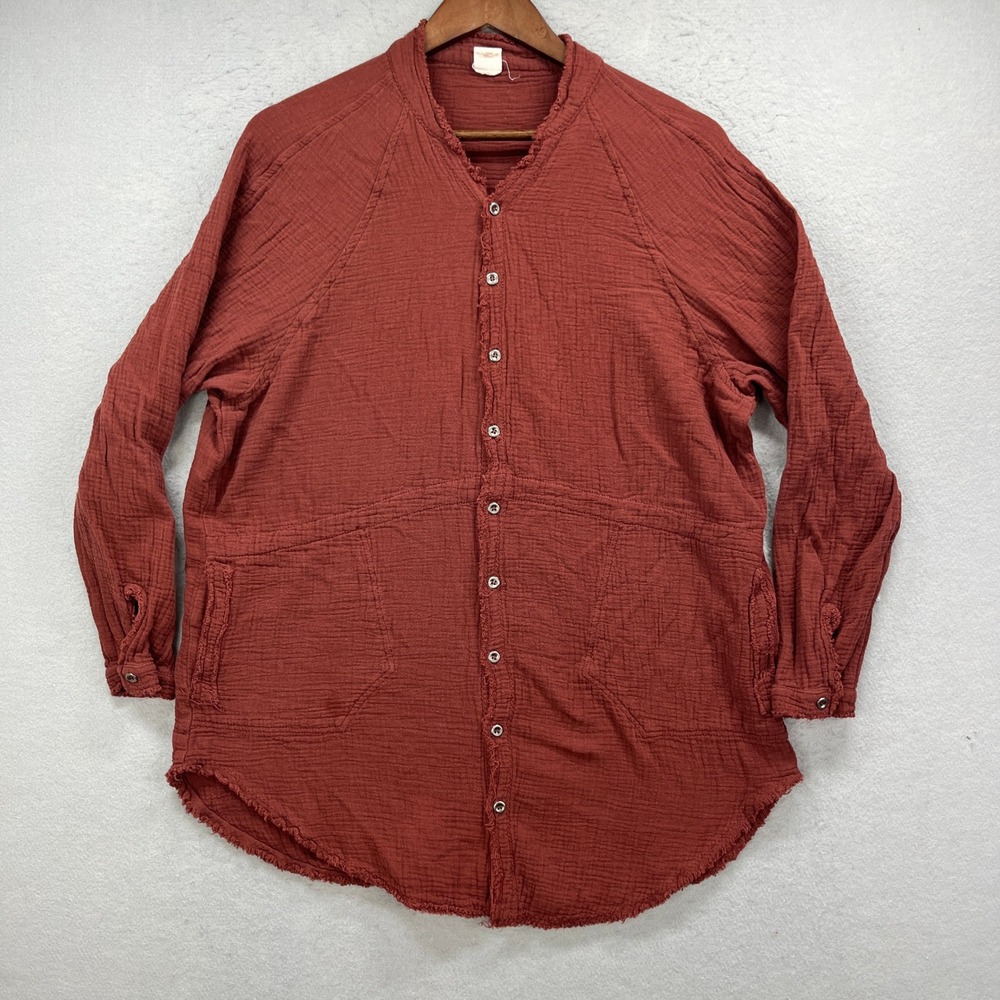 Flawless Button Up Shirt Womens XS Rust Gauze Raw Hem Boho Beachy Lagenlook